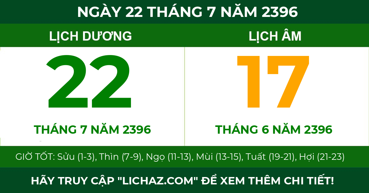 lịch âm ngày 22 tháng 7 năm 2396
