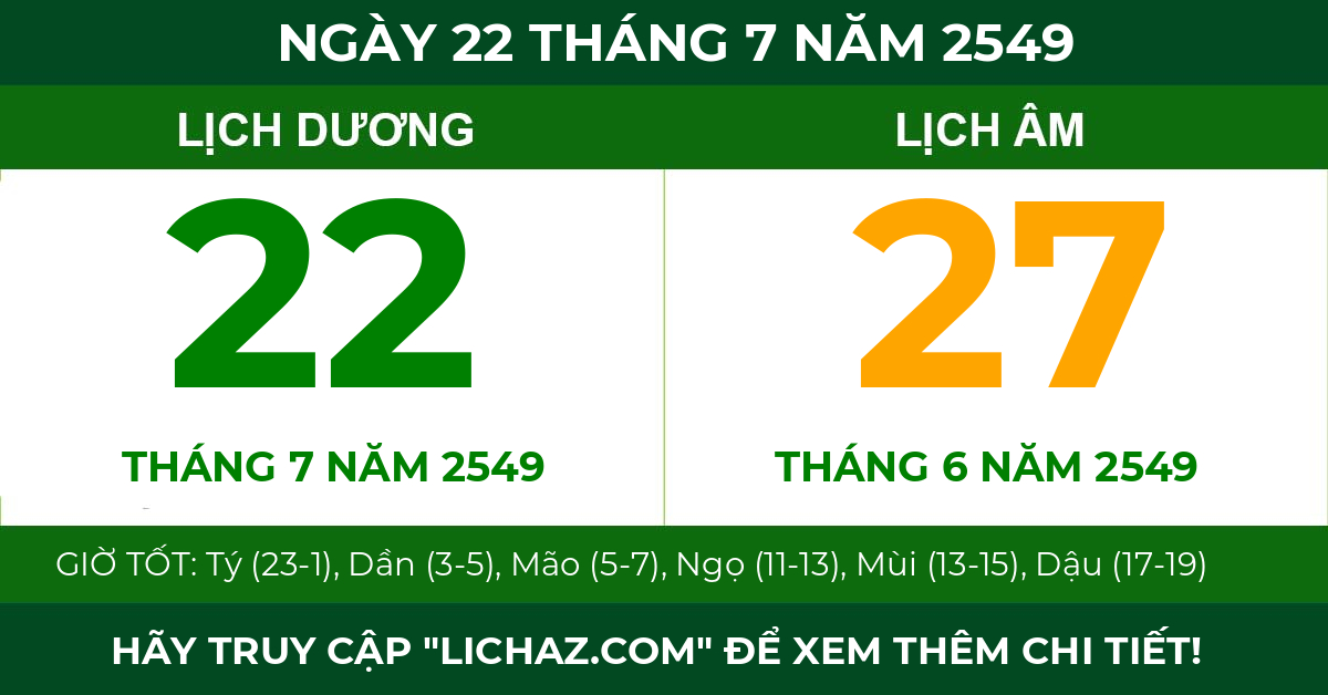 lịch âm ngày 22 tháng 7 năm 2549