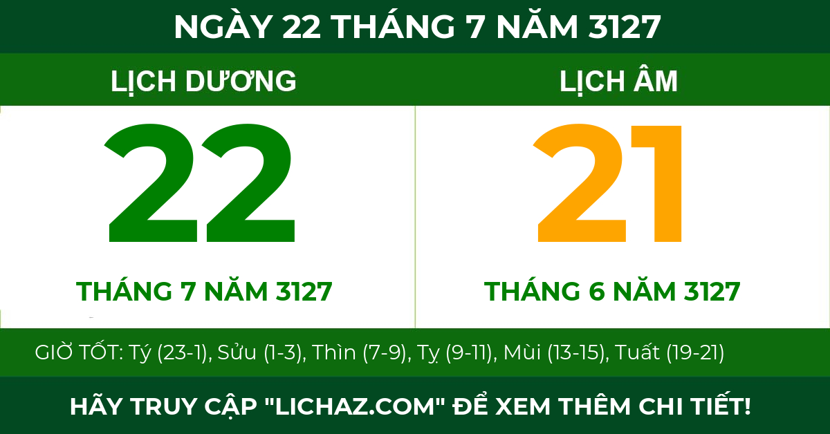 lịch âm ngày 22 tháng 7 năm 3127