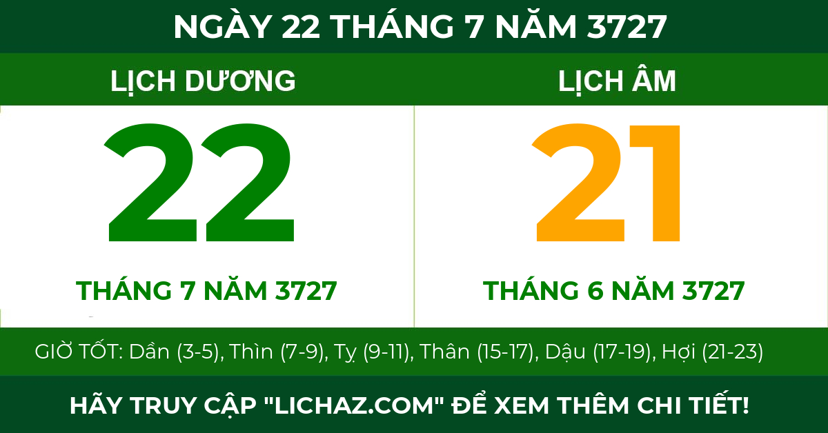 lịch âm ngày 22 tháng 7 năm 3727