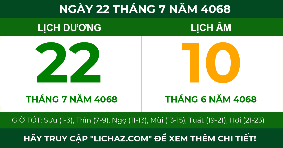 lịch âm ngày 22 tháng 7 năm 4068