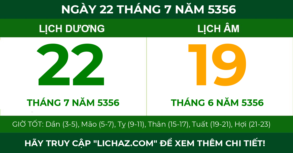 lịch âm ngày 22 tháng 7 năm 5356