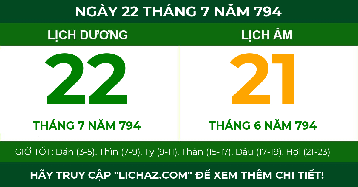 lịch âm ngày 22 tháng 7 năm 794