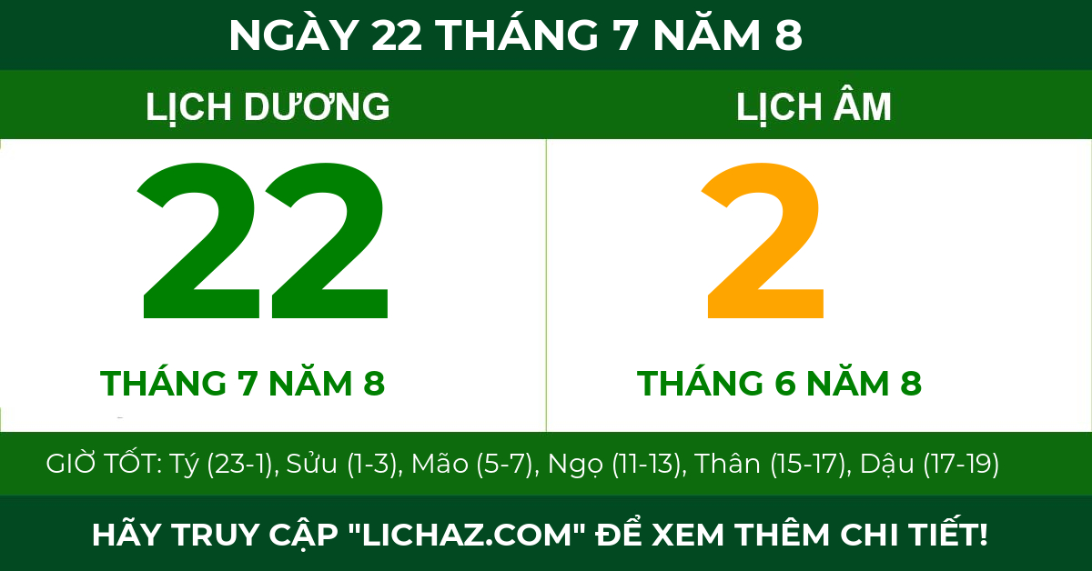 lịch âm ngày 22 tháng 7 năm 8