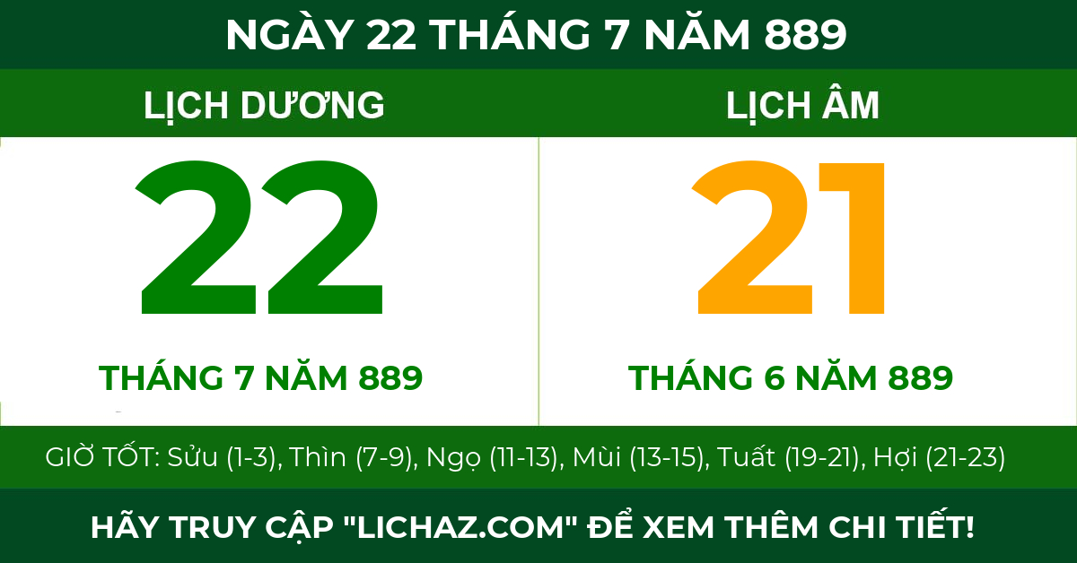 lịch âm ngày 22 tháng 7 năm 889