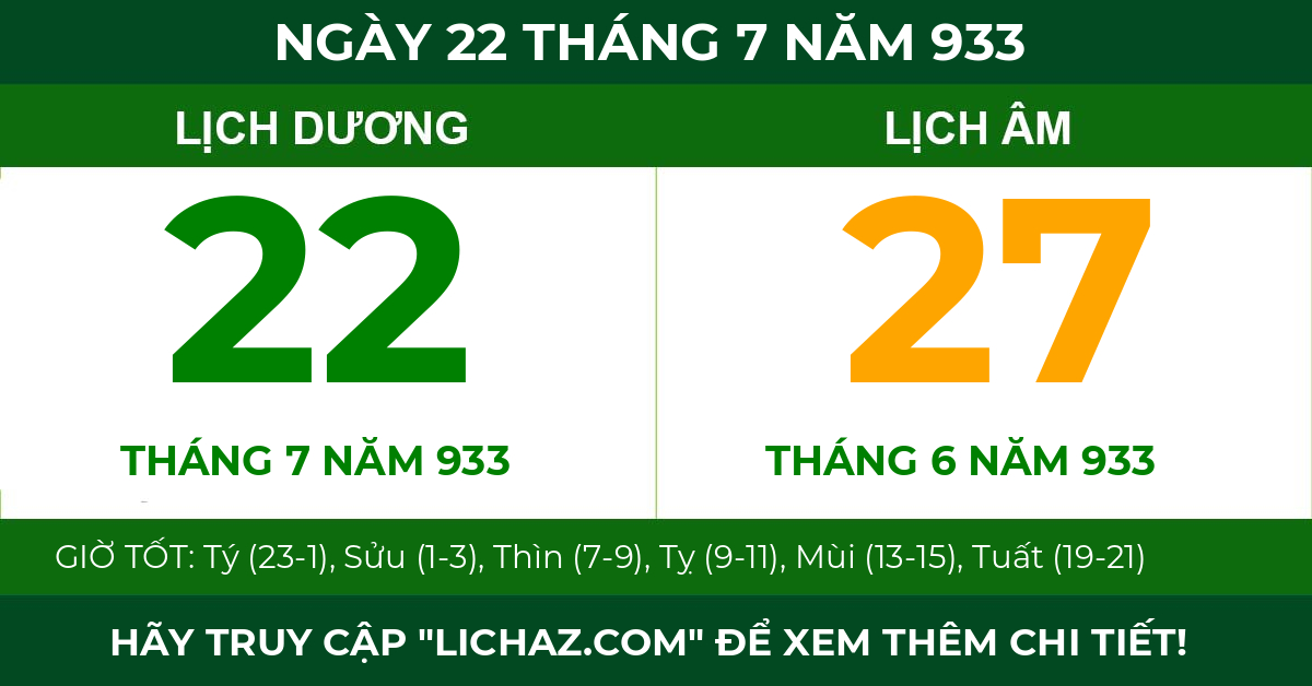 lịch âm ngày 22 tháng 7 năm 933