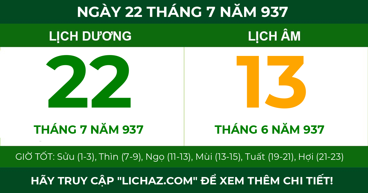 lịch âm ngày 22 tháng 7 năm 937