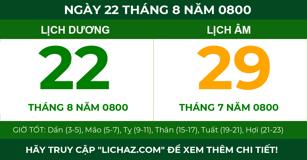 lịch âm ngày 22 tháng 8 năm 0800