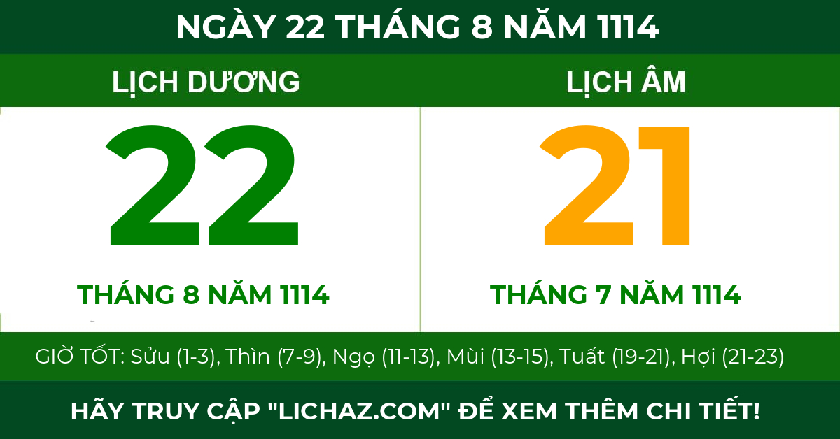 lịch âm ngày 22 tháng 8 năm 1114