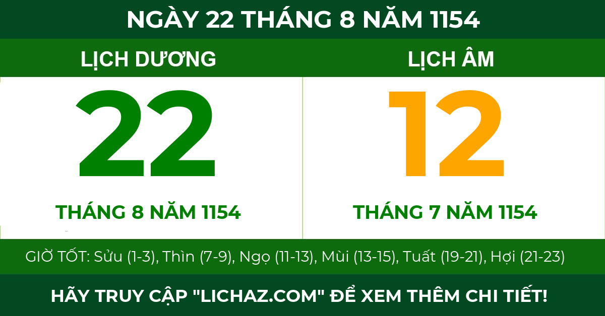 lịch âm ngày 22 tháng 8 năm 1154