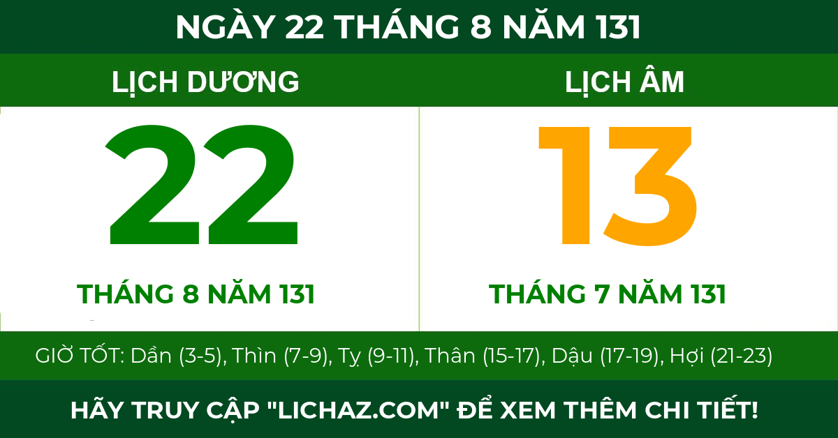 lịch âm ngày 22 tháng 8 năm 131