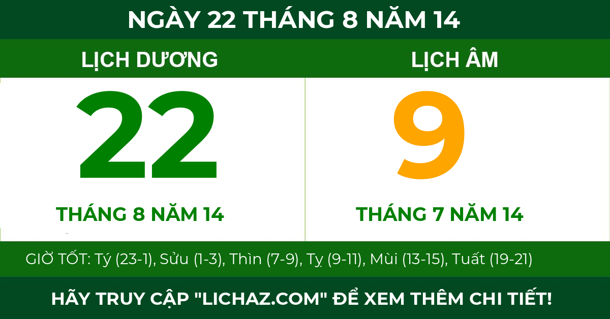 lịch âm ngày 22 tháng 8 năm 14