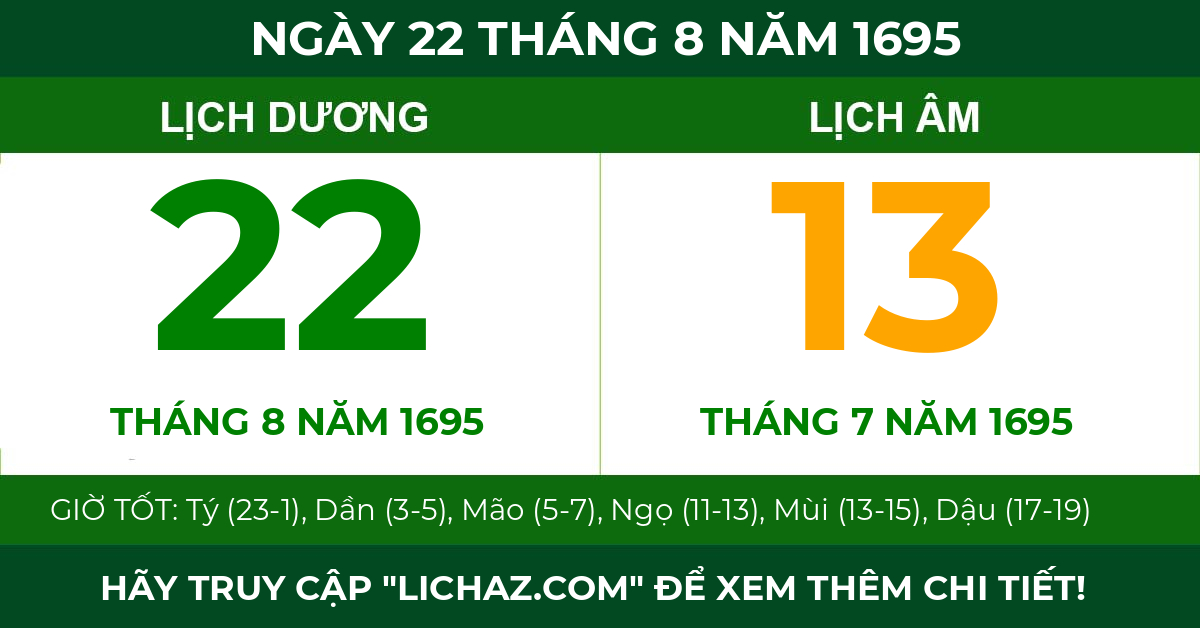 lịch âm ngày 22 tháng 8 năm 1695