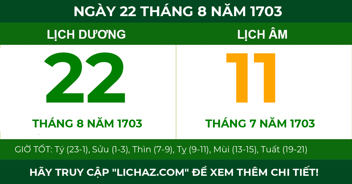 lịch âm ngày 22 tháng 8 năm 1703