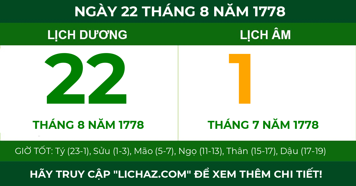 lịch âm ngày 22 tháng 8 năm 1778