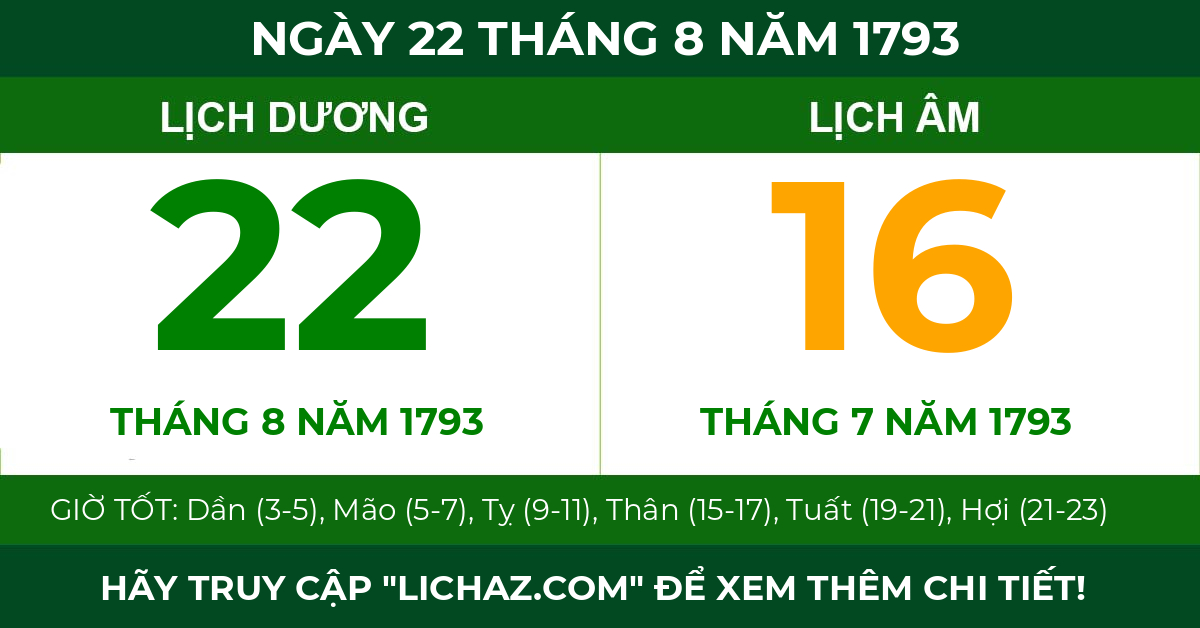 lịch âm ngày 22 tháng 8 năm 1793