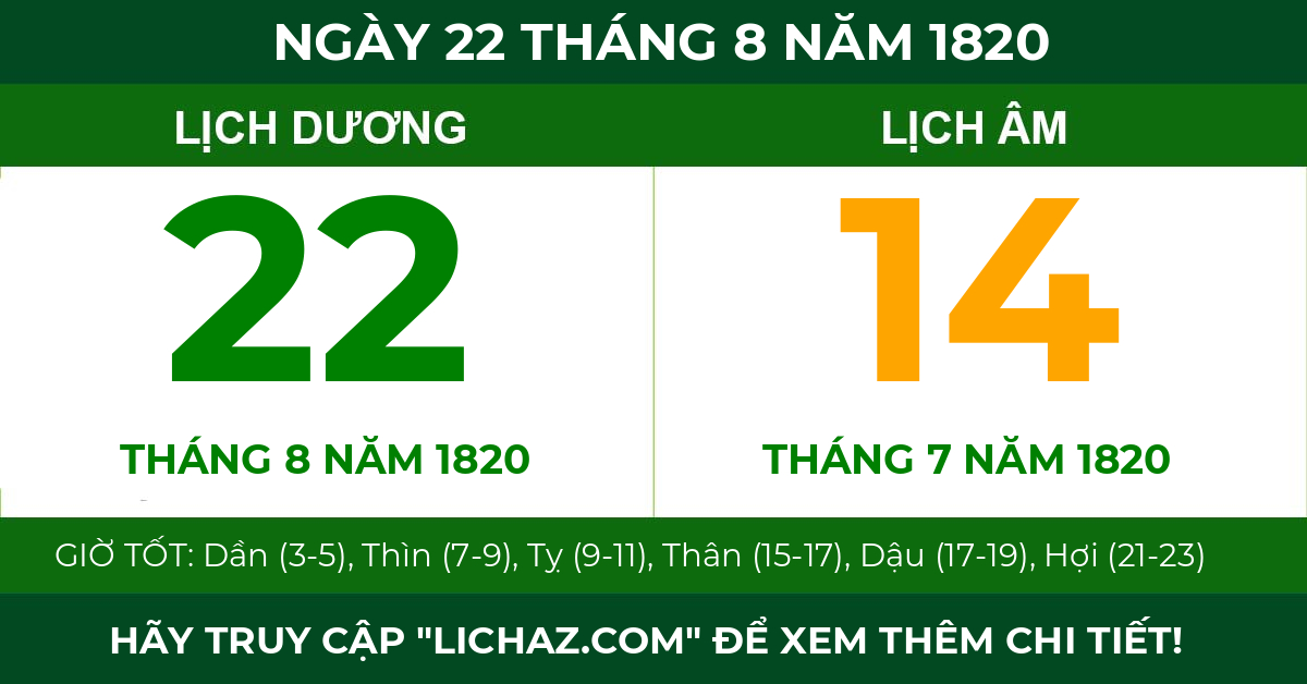 lịch âm ngày 22 tháng 8 năm 1820