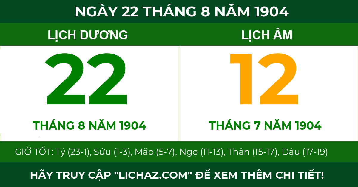 lịch âm ngày 22 tháng 8 năm 1904