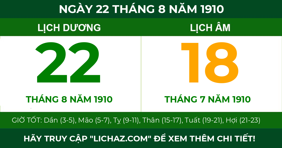 lịch âm ngày 22 tháng 8 năm 1910