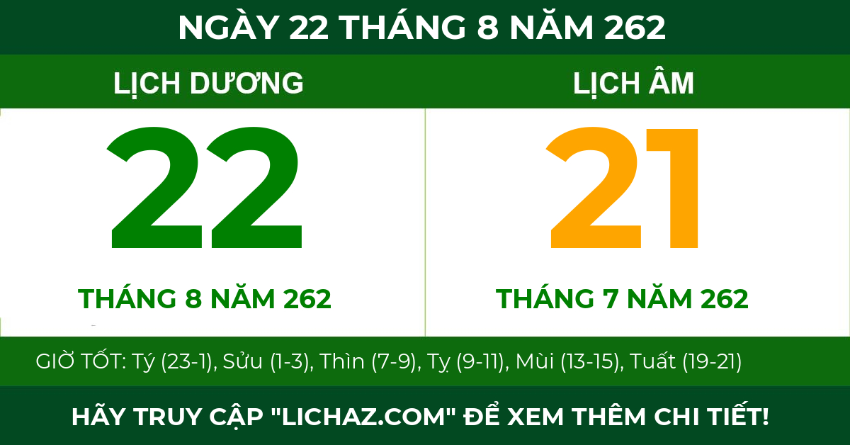 lịch âm ngày 22 tháng 8 năm 262