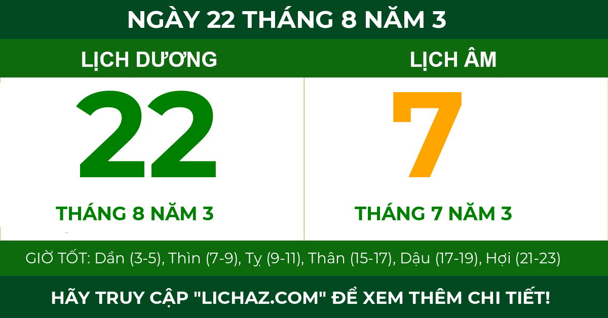 lịch âm ngày 22 tháng 8 năm 3