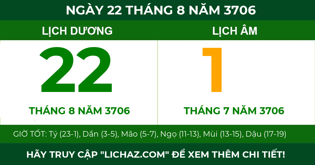 lịch âm ngày 22 tháng 8 năm 3706