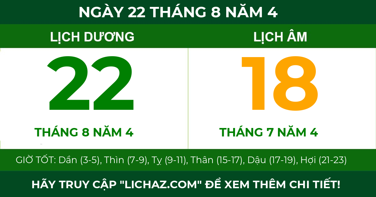 lịch âm ngày 22 tháng 8 năm 4