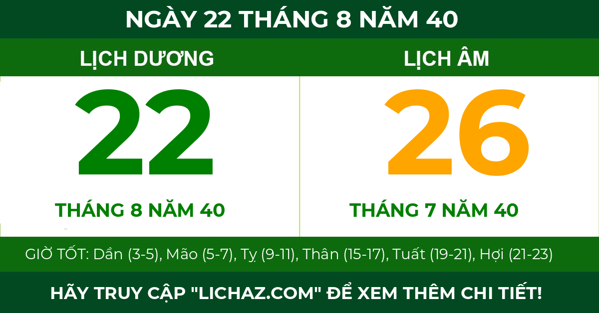 lịch âm ngày 22 tháng 8 năm 40