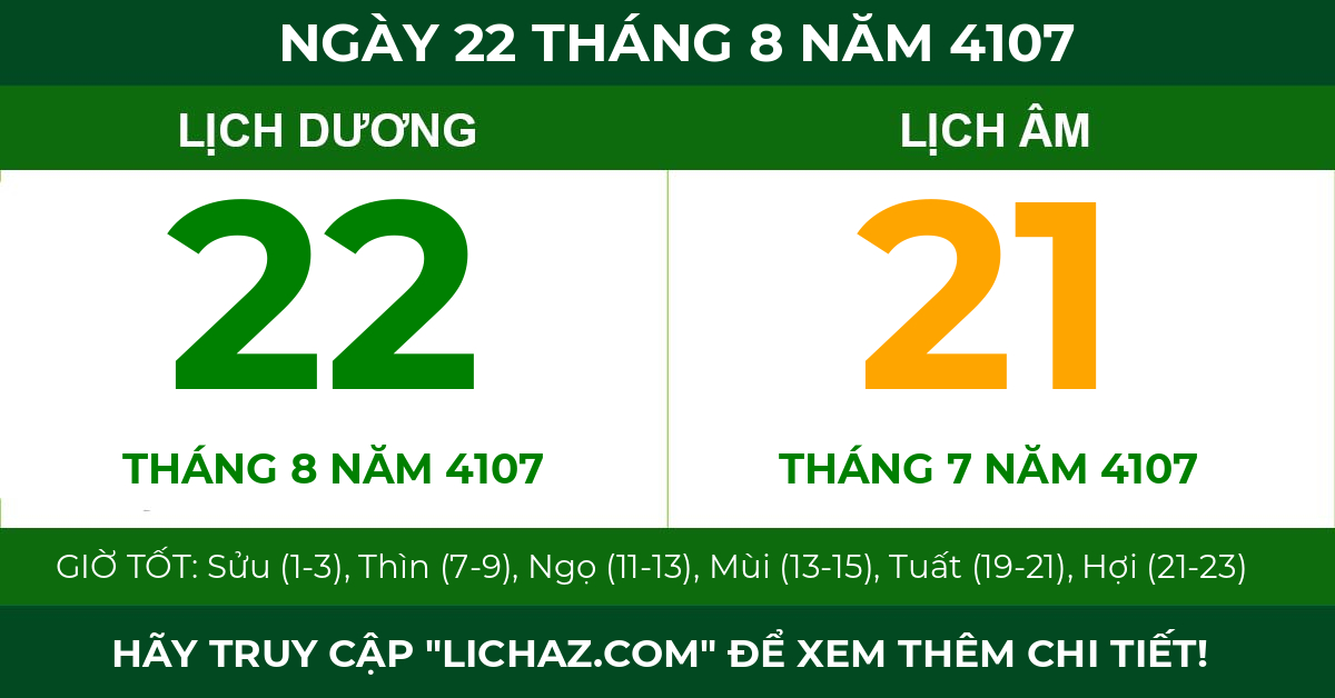 lịch âm ngày 22 tháng 8 năm 4107