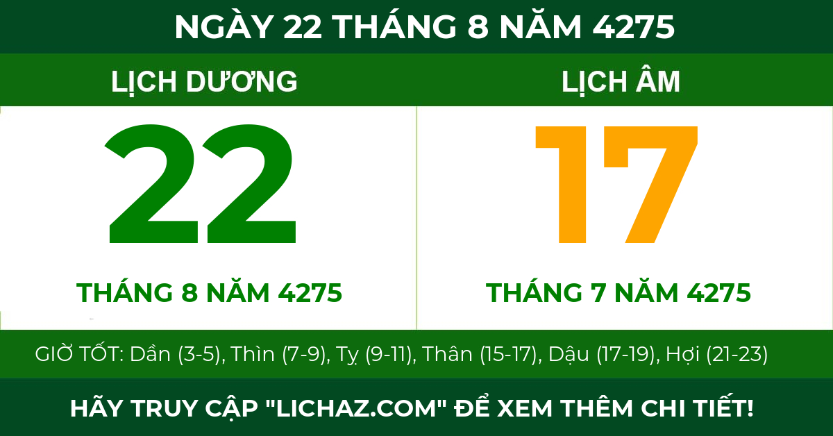 lịch âm ngày 22 tháng 8 năm 4275