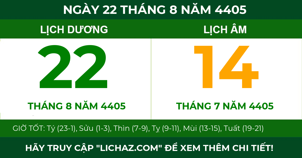 lịch âm ngày 22 tháng 8 năm 4405