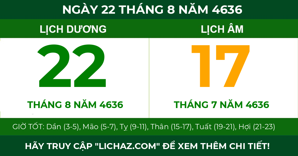 lịch âm ngày 22 tháng 8 năm 4636