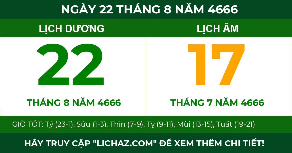 lịch âm ngày 22 tháng 8 năm 4666