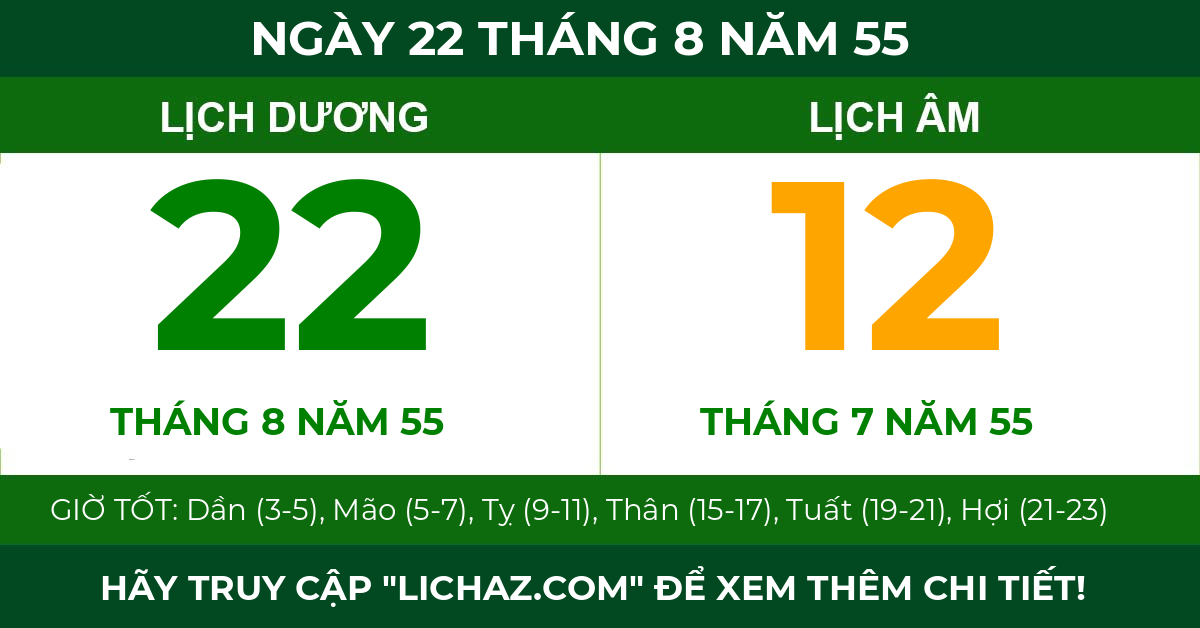 lịch âm ngày 22 tháng 8 năm 55