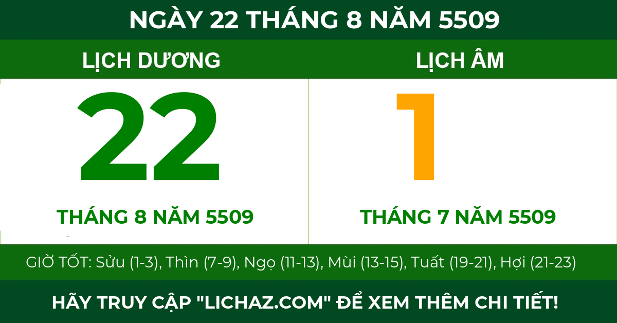 lịch âm ngày 22 tháng 8 năm 5509