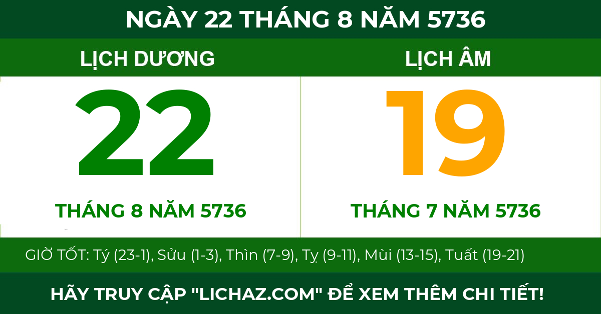 lịch âm ngày 22 tháng 8 năm 5736