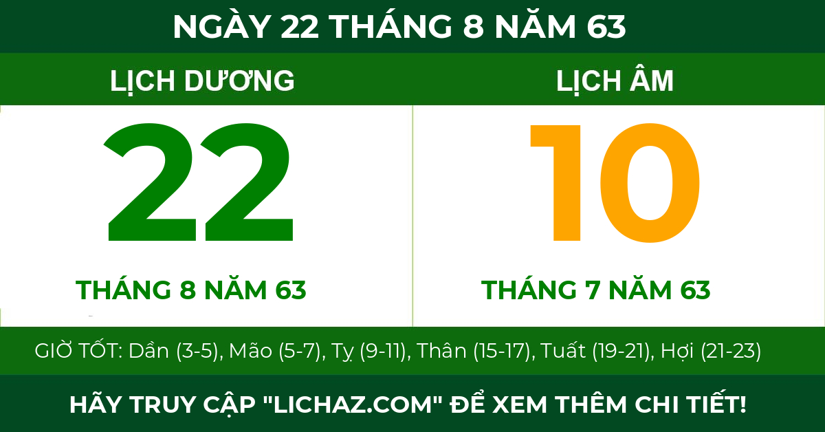 lịch âm ngày 22 tháng 8 năm 63