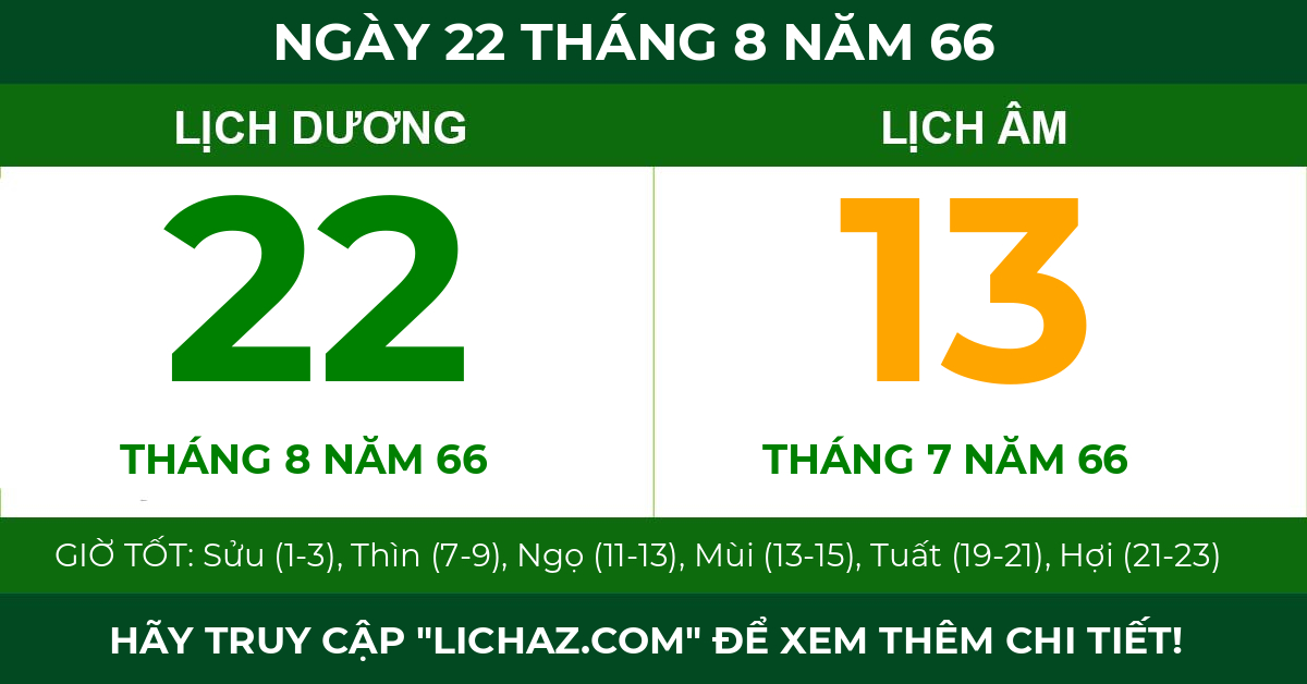 lịch âm ngày 22 tháng 8 năm 66