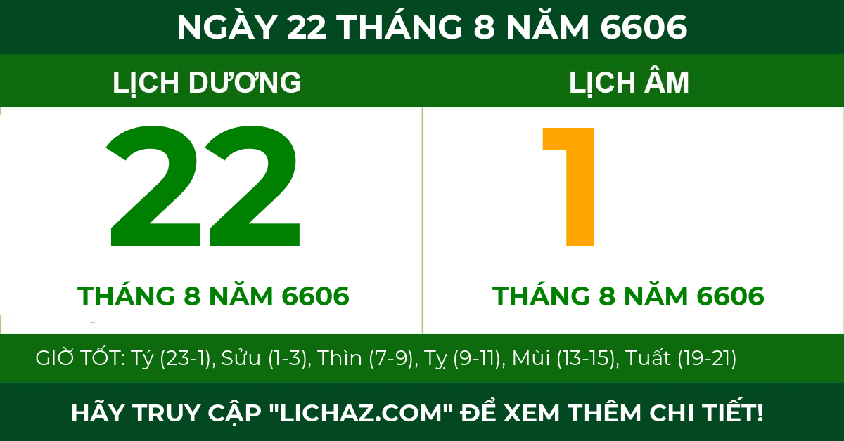 lịch âm ngày 22 tháng 8 năm 6606
