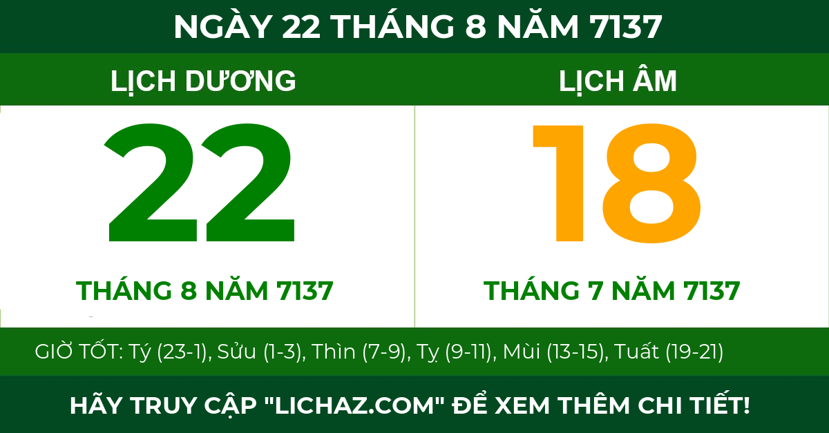 lịch âm ngày 22 tháng 8 năm 7137