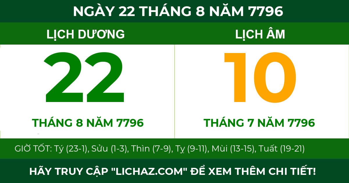 lịch âm ngày 22 tháng 8 năm 7796
