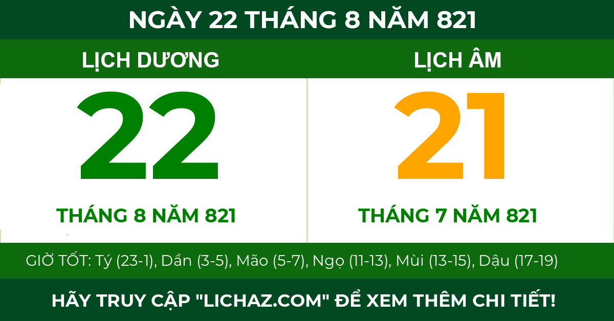 lịch âm ngày 22 tháng 8 năm 821