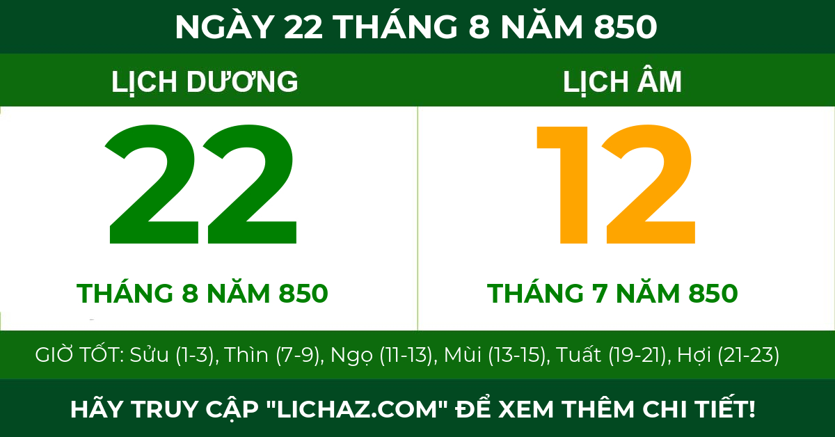 lịch âm ngày 22 tháng 8 năm 850
