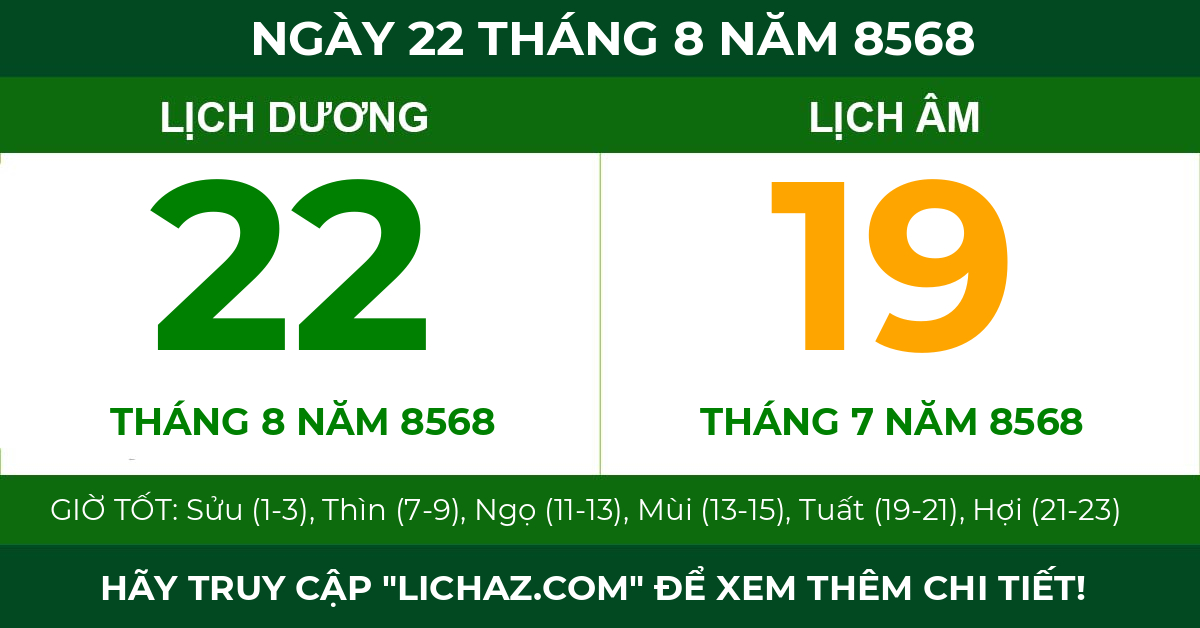 lịch âm ngày 22 tháng 8 năm 8568