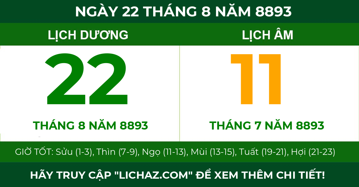 lịch âm ngày 22 tháng 8 năm 8893