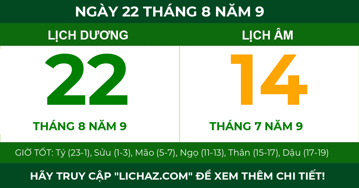 lịch âm ngày 22 tháng 8 năm 9