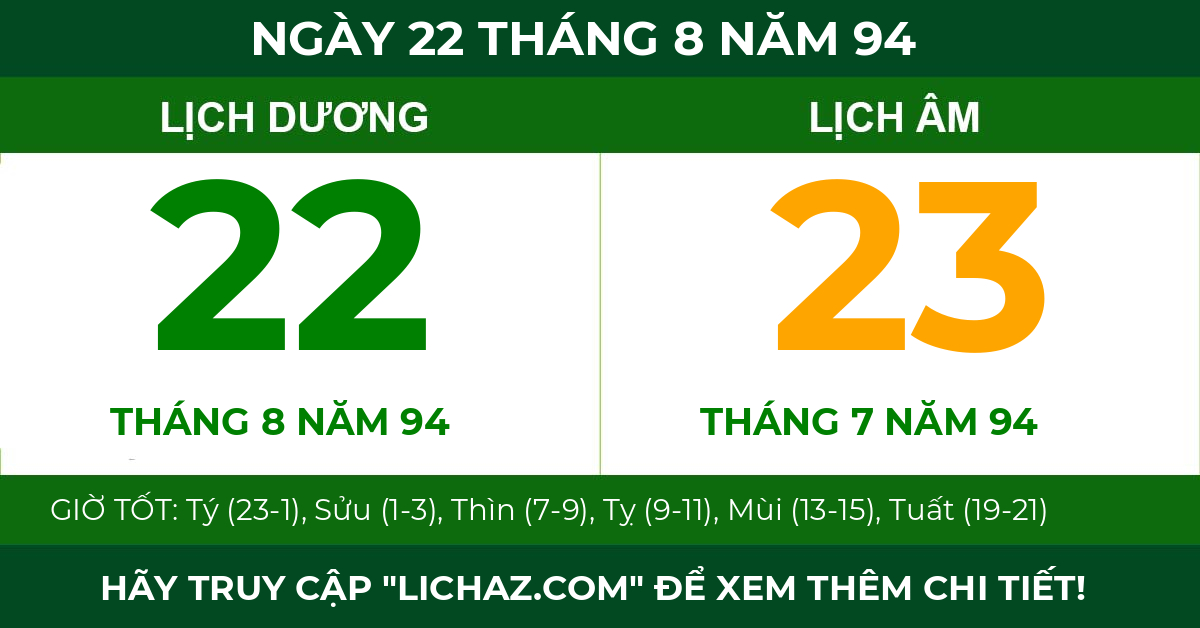 lịch âm ngày 22 tháng 8 năm 94