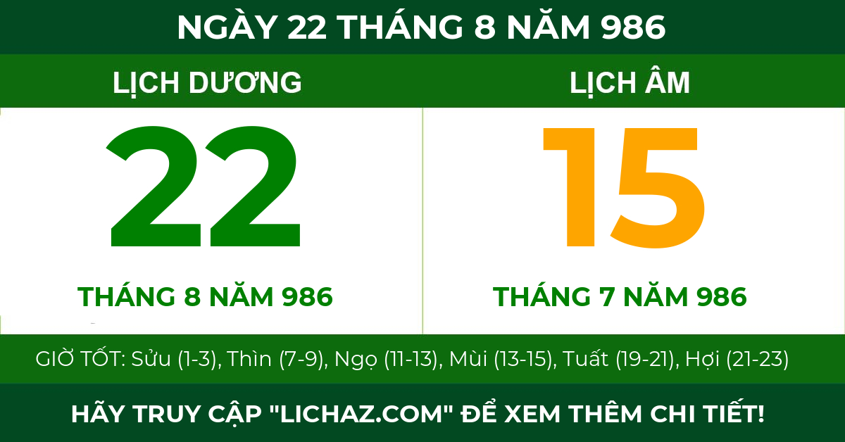 lịch âm ngày 22 tháng 8 năm 986