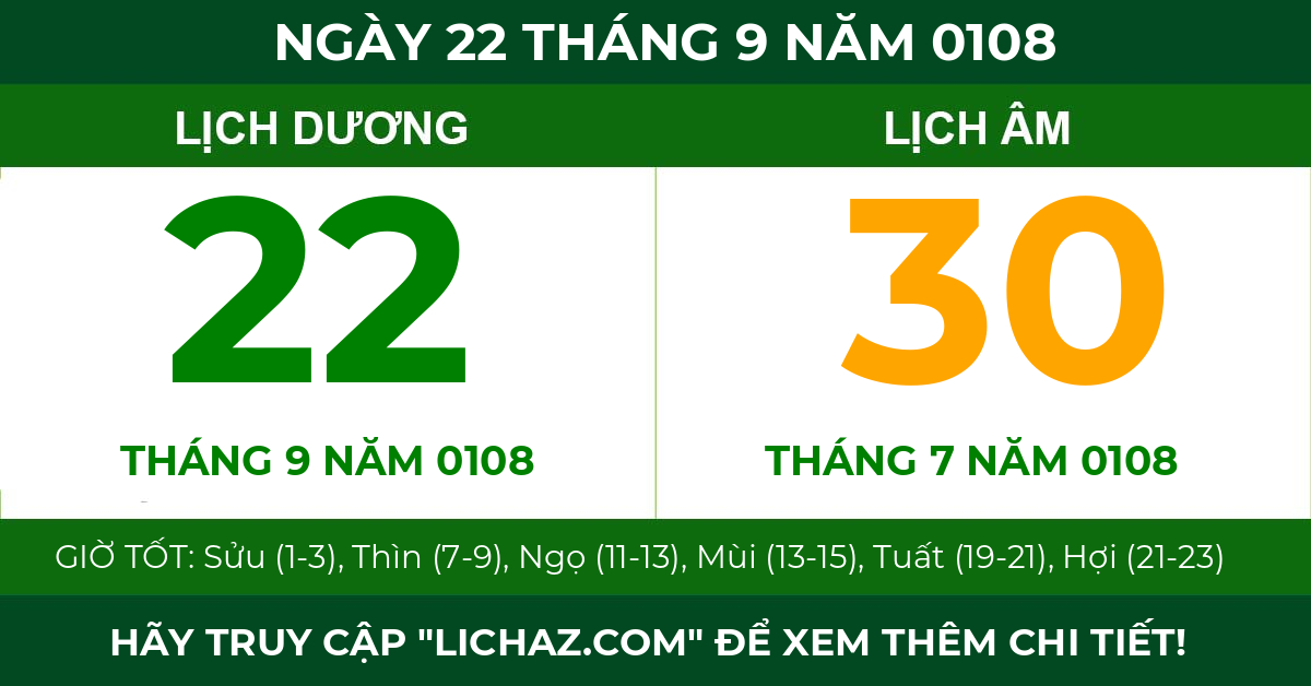 lịch âm ngày 22 tháng 9 năm 0108