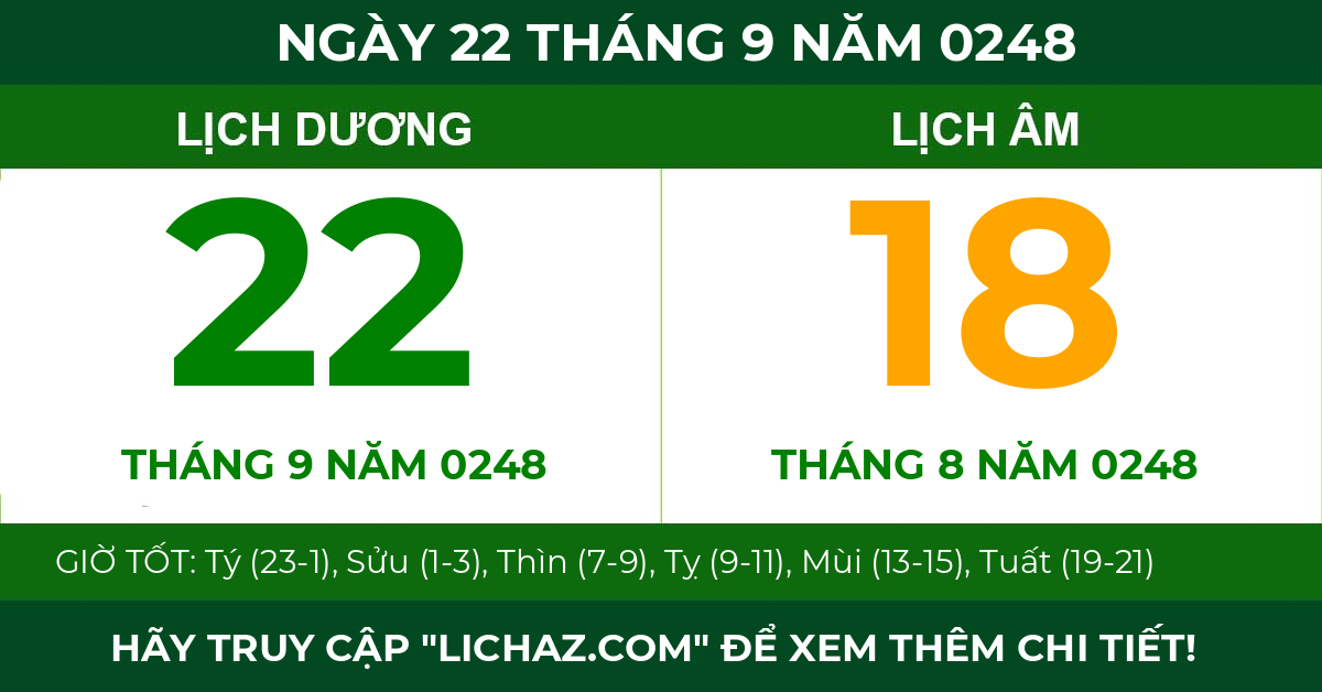 lịch âm ngày 22 tháng 9 năm 0248